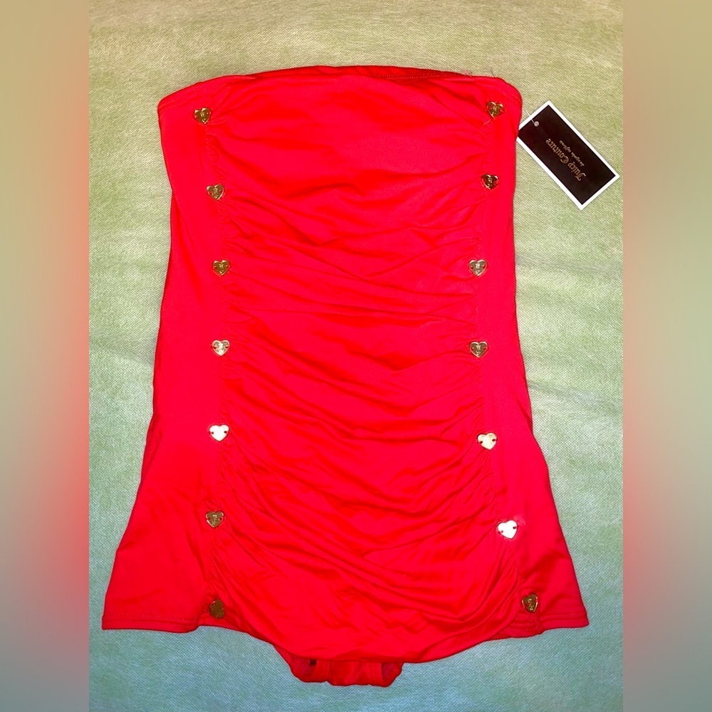 Juicy Couture Strapless Red Ruched Swimsuit 🩱 with Gold Heart Buttons size XS